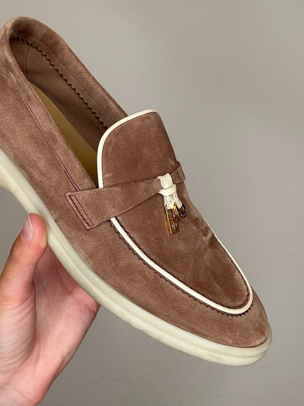 Loro Piana Suede Tassel Loafers in Taupe with Cream Trim